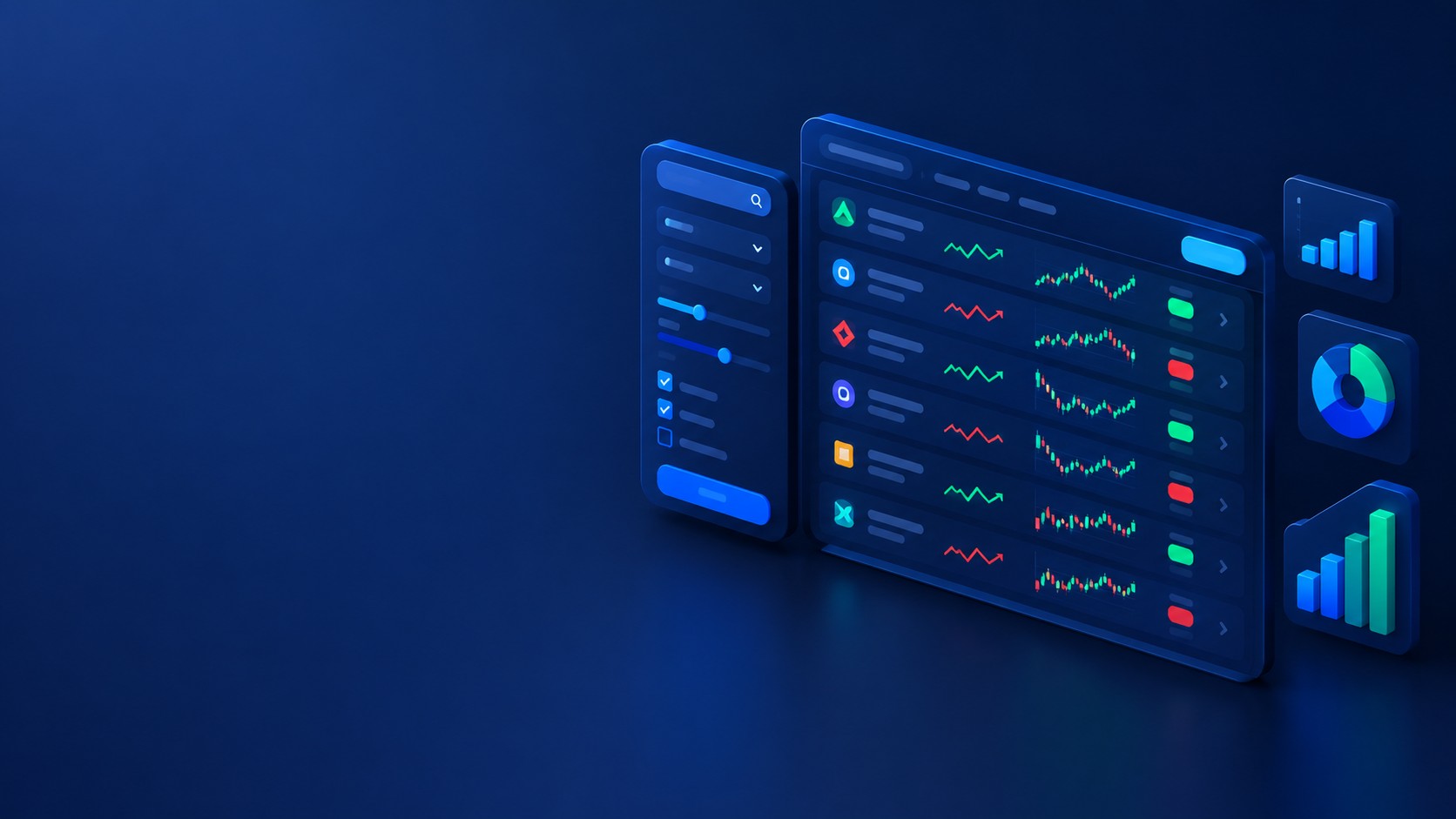 Sleek dashboard with filter panels and a list of stock charts