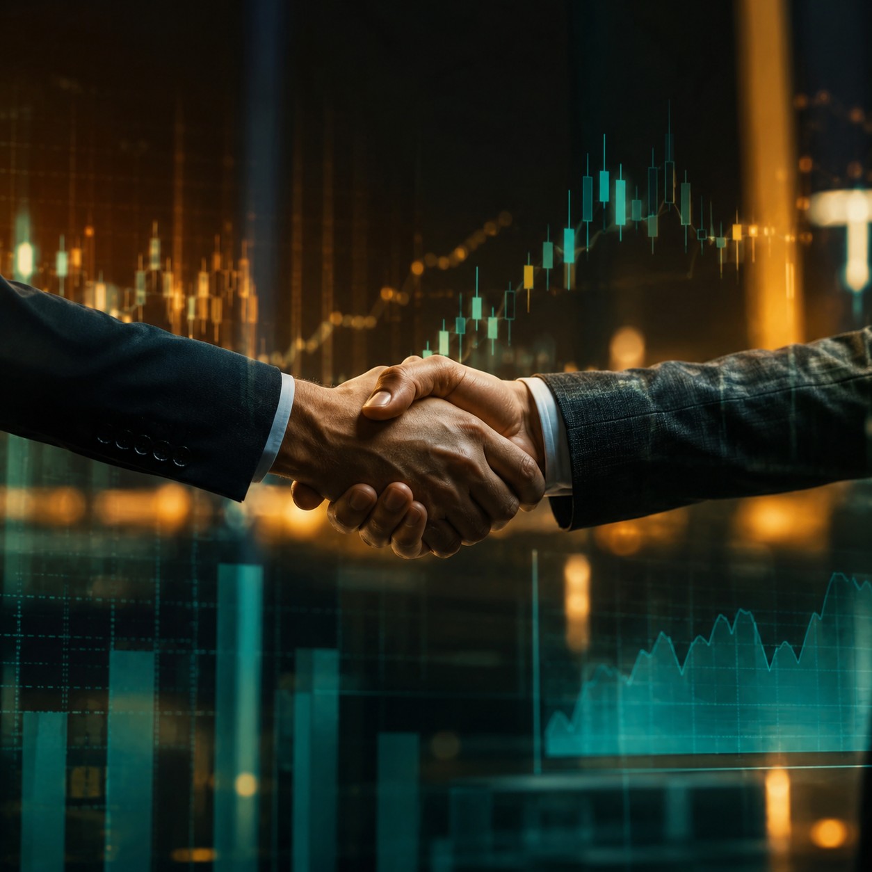 Handshake between two business professionals with charts overlay